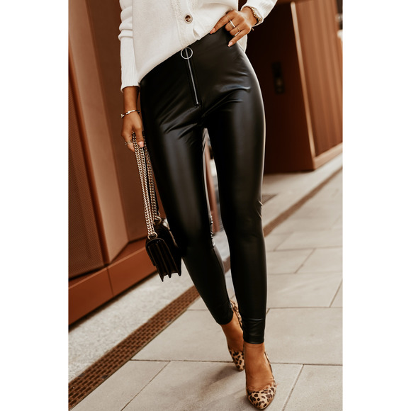 Passion of Essence Pants - Black Solid Skinny Zipper Pu Pants